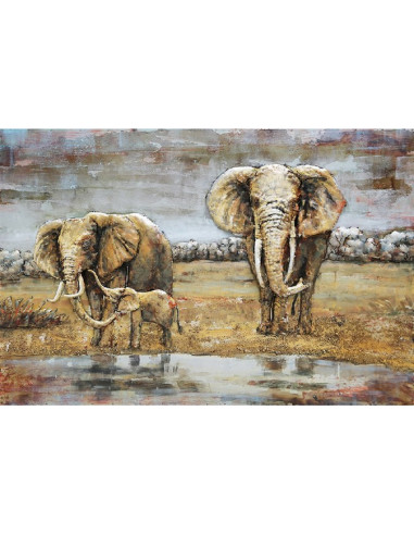 TABLEAU METAL ELEPHANTS EN FAMILLE relief