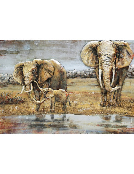 TABLEAU METAL ELEPHANTS EN FAMILLE relief