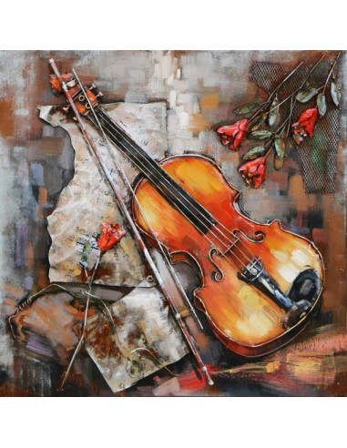 TABLEAU METAL VIOLON & ROSE relief