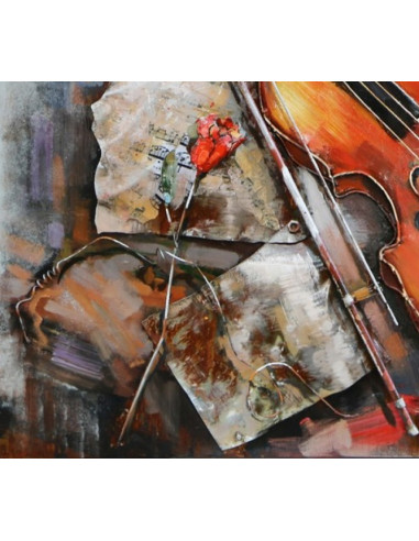 TABLEAU METAL VIOLON & ROSE relief